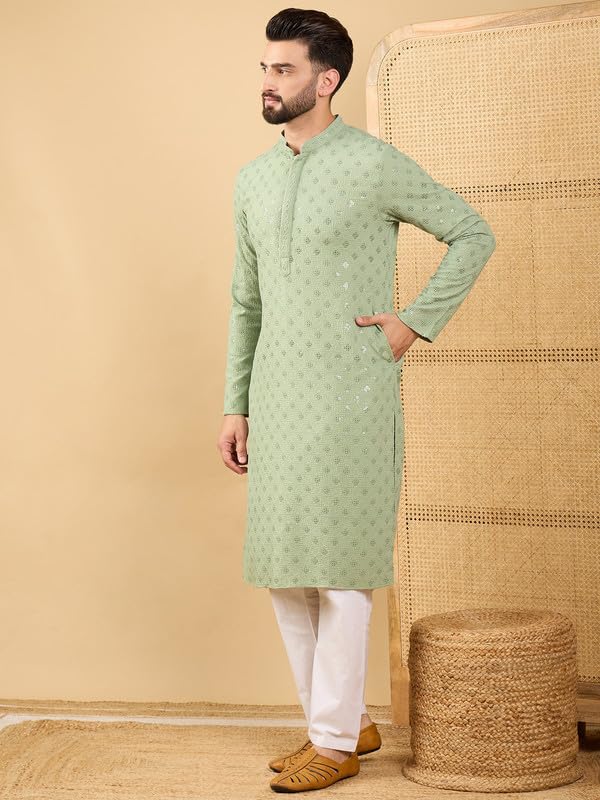 Image of Men's Solid Embroidered Long Straight Kurta | Men's Kurta | Embroidered Chikankari Kurta for Men | Straight Fit Kurta for Men