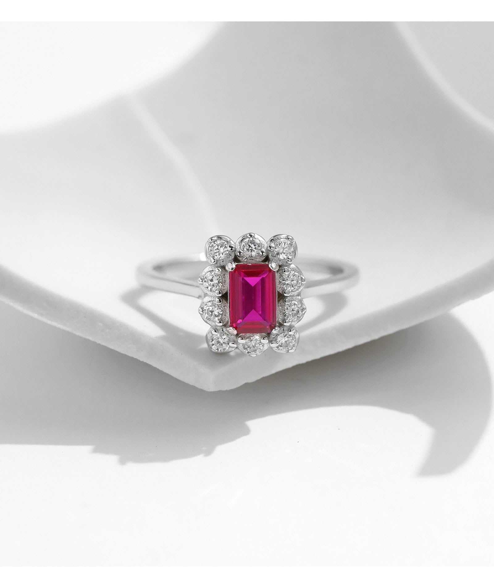 9K/14K białe złoto pierścionek różowoczerwony sztuczny rubin 4 x 6 mm, okrągły z różowo-czerwoną, prostokątną cyrkonią, pierścionki damskie