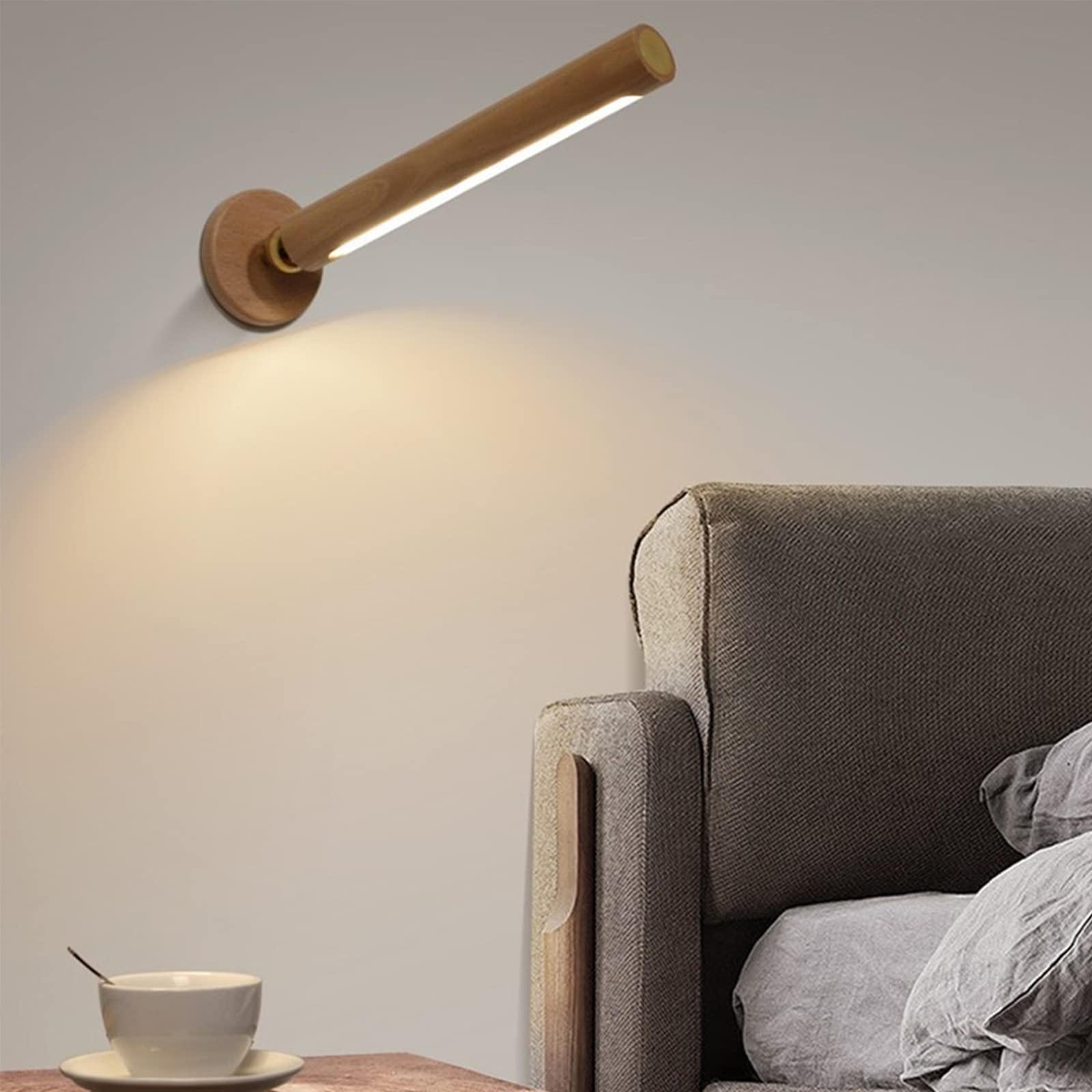 TUNJINSHOU - Lámpara LED de madera giratoria de 360°, magnética, desmontable, regulable, recargable, regulable, para dormitorio, sala de estar, luz nocturna USB (amarillo)