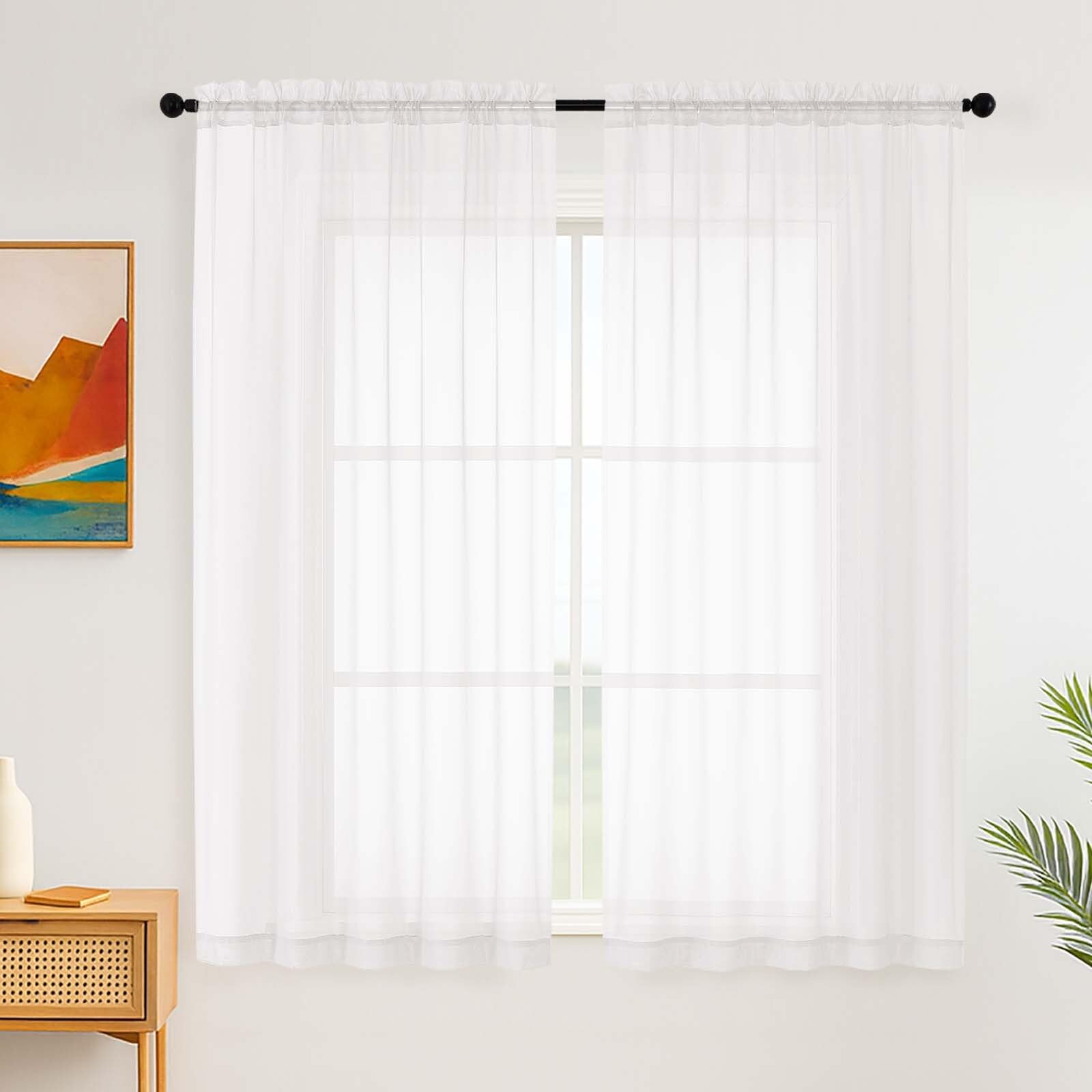 Simplebrand White Sheer Curtains 163 cm Length for Bedroom, 2 Panels Set, voile with Light Filtering Curtains & Drapes, Rod Pocket Window Curtains for Living Room (White, 150cm W x 163cm L)