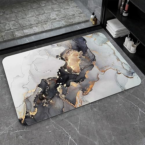 Tapete de baño de tierra de diatomeas, mármol gris y dorado, antideslizante, súper absorbente, de secado rápido, para baño, cocina, puerta,