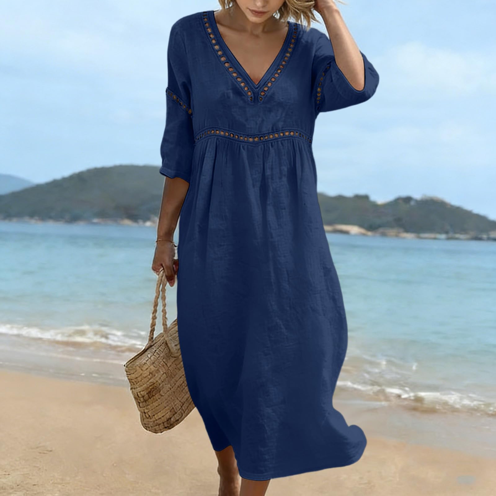 Robe Ete Femme Longue Robe Coton en Lin Robes Legere Fluide Robe de Plage Chic et Elegant Robes à Manche 7/8 Décontractée Dress Boheme Col en V Classique Vêtements Grande Taille Vêtements XS-5XL