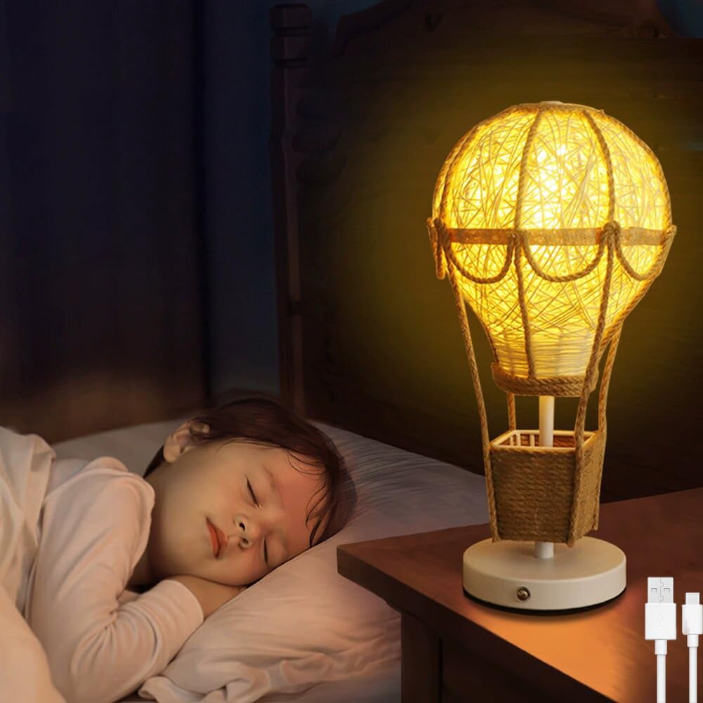 Logt One Color Led Boho Table Lamp Rattan Rechargeable Desk Light Cordless Hot Air Balloon Decorative Children's Room Luminaire Table Luminary Touch Dimmable Indoor Battery Bedside Luminaire Natural Rustic