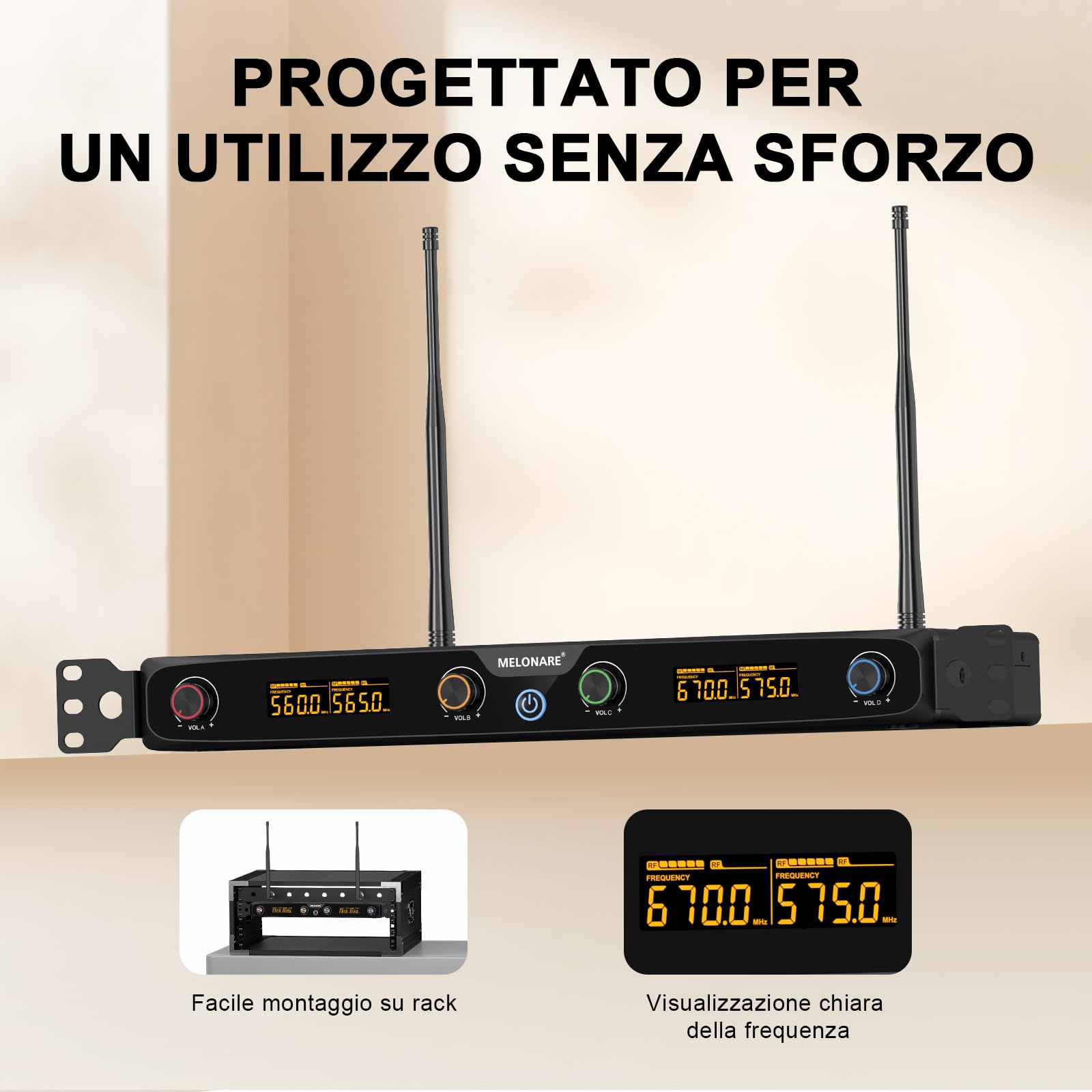 MELONARE Sistema Micro Wireless UHF Rack 4 Canali Handheld MWM-41F | 4 microfoni palmari dinamici, 4 x 10 frequenze, portata 260 ft, live, karaoke, chiesa, DJ
