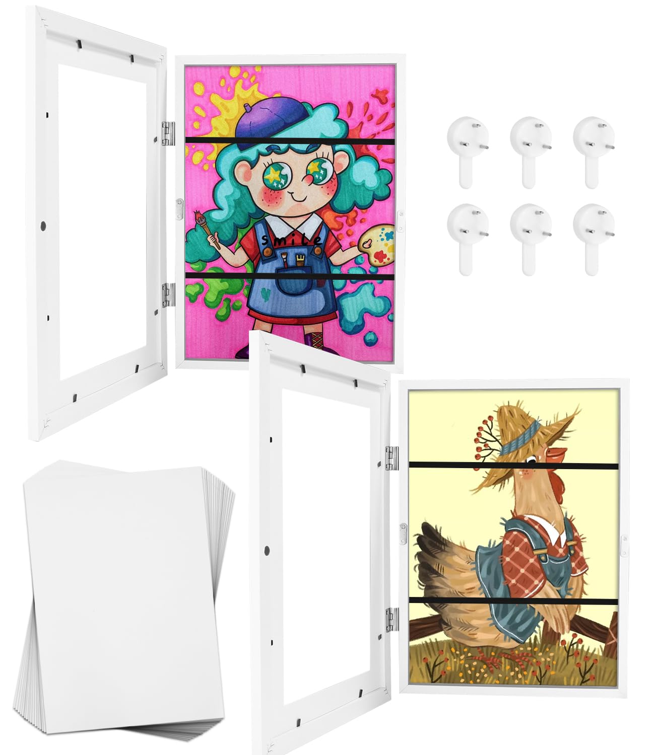 LEAZZLE Cornici artistiche per Bambini da 2 Pezzi,Cornici per Disegni per Bambini A4 Cornice d'Arte per Bambini con Apertura Frontale,punti metallici antitraccia (bianco)