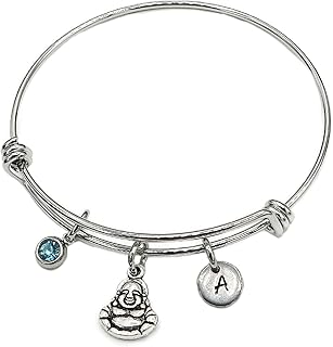 Buddha Bracelet - Meditation Bangle - Yoga Jewelry - Buddhism Gift - Personalized Initial Bracelet with Birthstone (April - White, A)