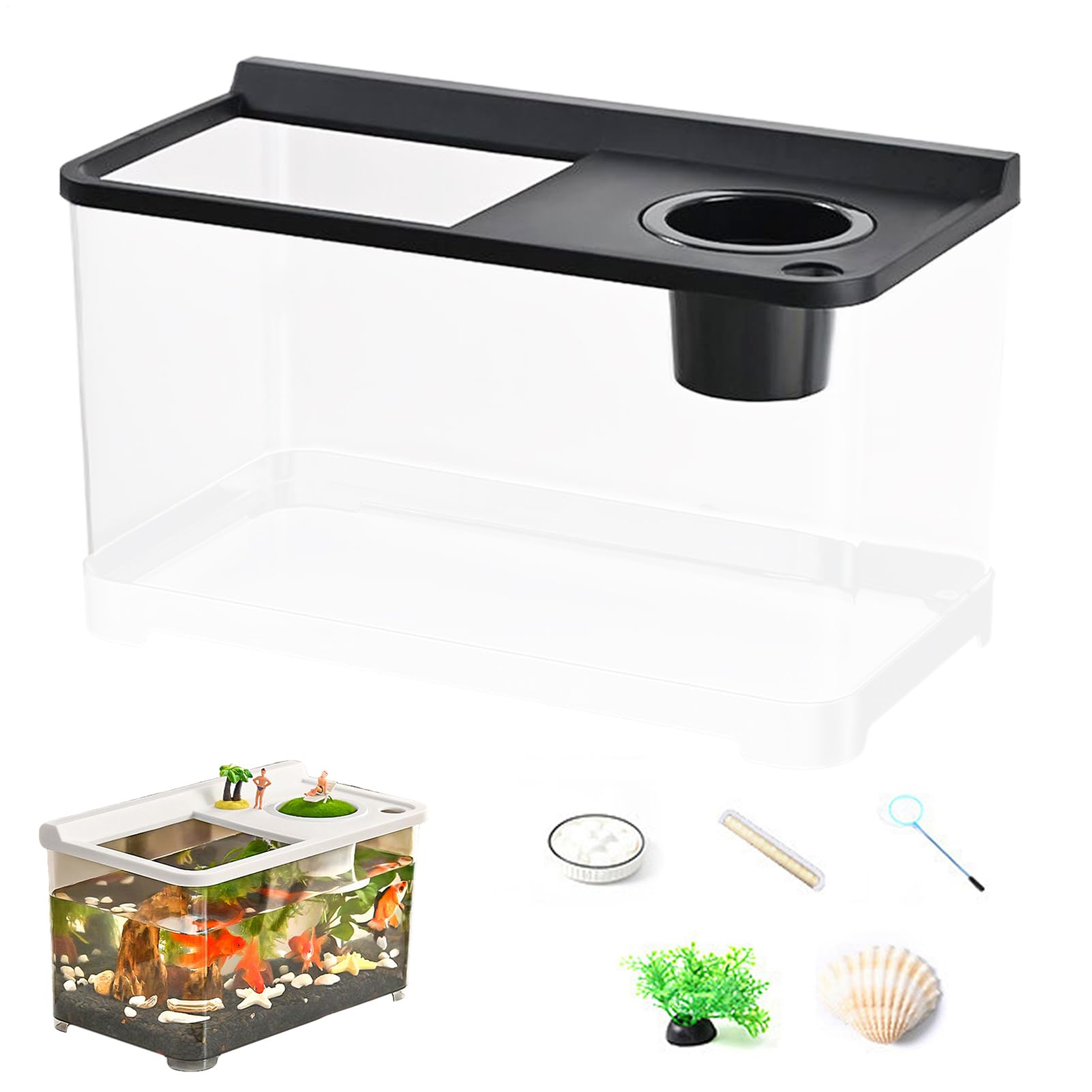 Aquarium Petit 20 cm avec 3 Lumières Colorées Bocal À Poissons Décoratif | Aquarium Haute Transparence 360° Pour Bureau Table Chambre Salon Entrée Décoration