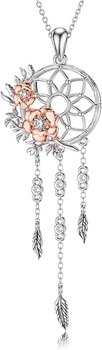 Collar con colgante de atrapasueños de plata de ley 925 sintético, piedra lunar de cristal, girasol, rosa, atrapasueños, regalo de joyería para