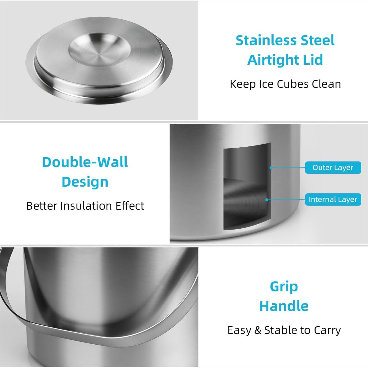 ChefBee Stainless Steel Ice Bucket - 3L Double-Wall Insulated Ice Buckets for Parties with Lid & Tongs, Large Champagne Wine Drink Container Holder, Ideal for Freezer Cocktail Home Bar Accessories - Image 3