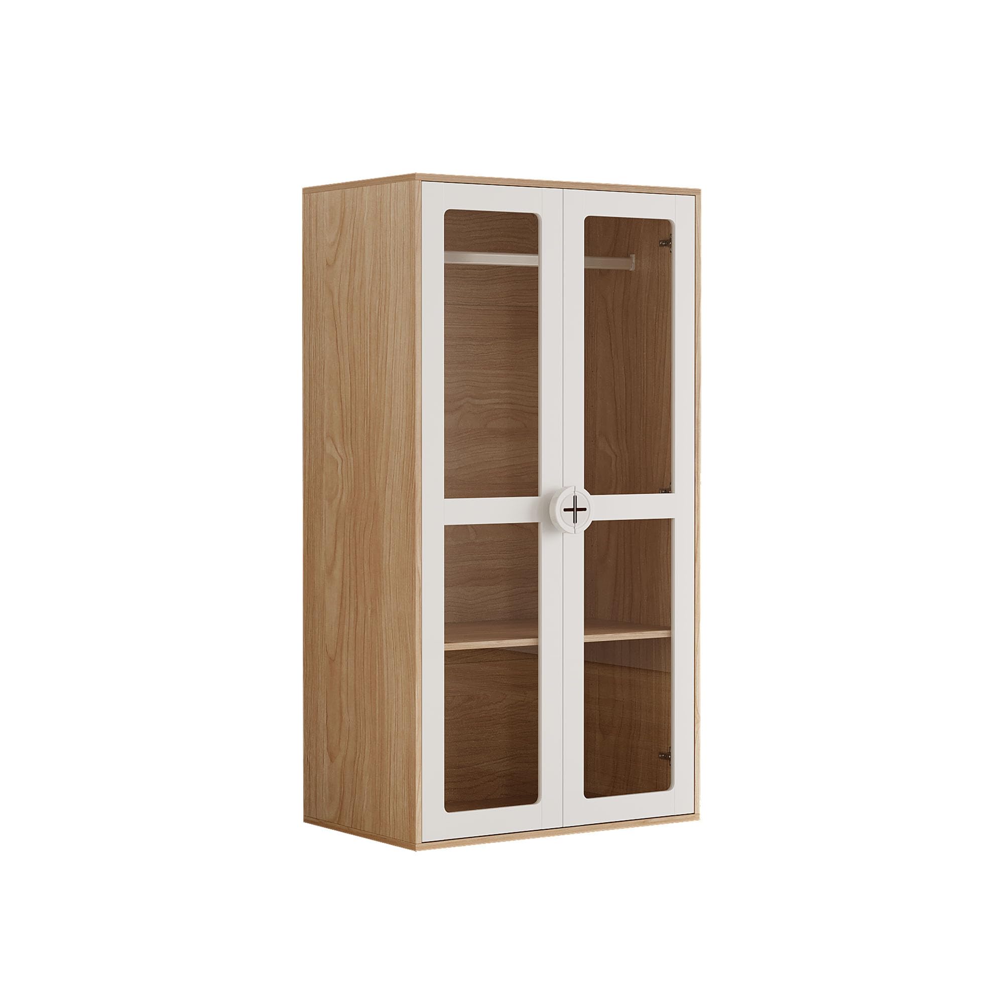 REXO Armario infantil de 80 × 50 × 150 cm, armario de puerta de cristal de dos puertas con barra para colgar y estantes deslizantes, asas de madera en forma de galleta, color blanco + madera natural