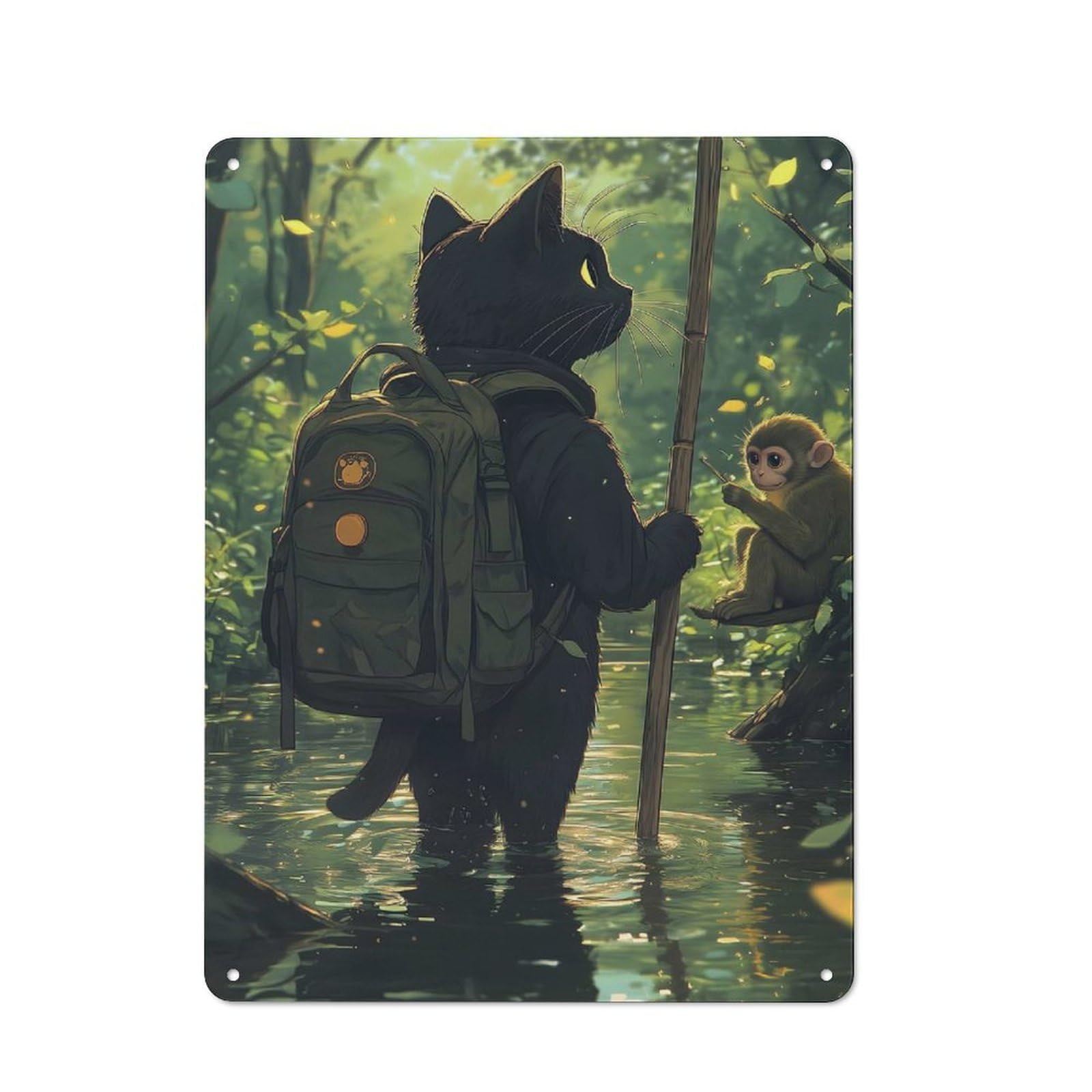 Junmoney Style-6 Adventurous Cat And Monkey Vintage Metal Plaque 40X30cm For Hobby Room Or Studio, Suited To Hobby Room Decor Fans