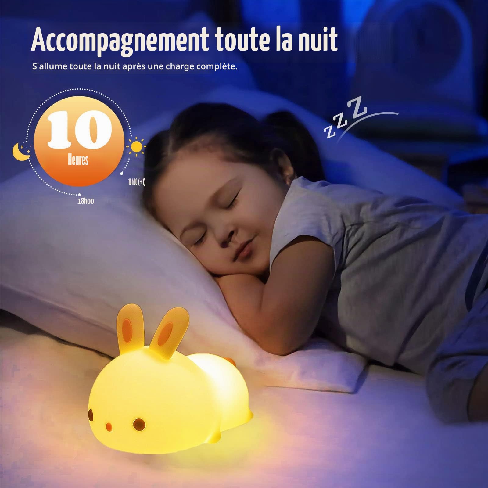 YOTOZU Jolie Veilleuse En Forme De Lapin Rechargeable Par Usb Avec Capteur Tactile Et Télécommande 4 Modes 16 Couleurs Pour Filles, Enfants, Tout-petits, Bébés Et Enfants Cadeau De Noël(Télécommande)