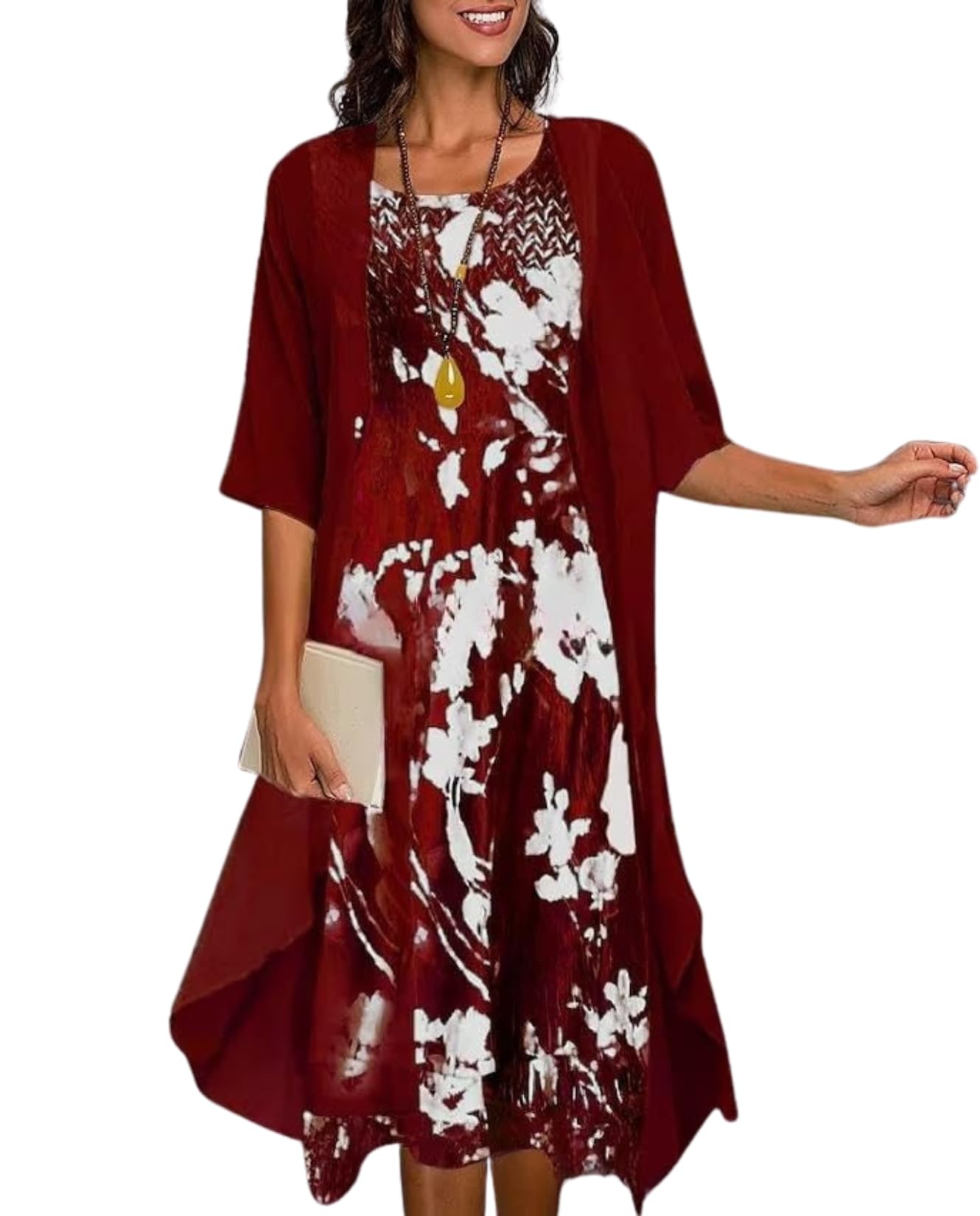 Two-Piece Set Maxi Dress for Womens Floral Print Chiffon Cardigan Summer Beach Wedding Guest Flowy Long Dresses