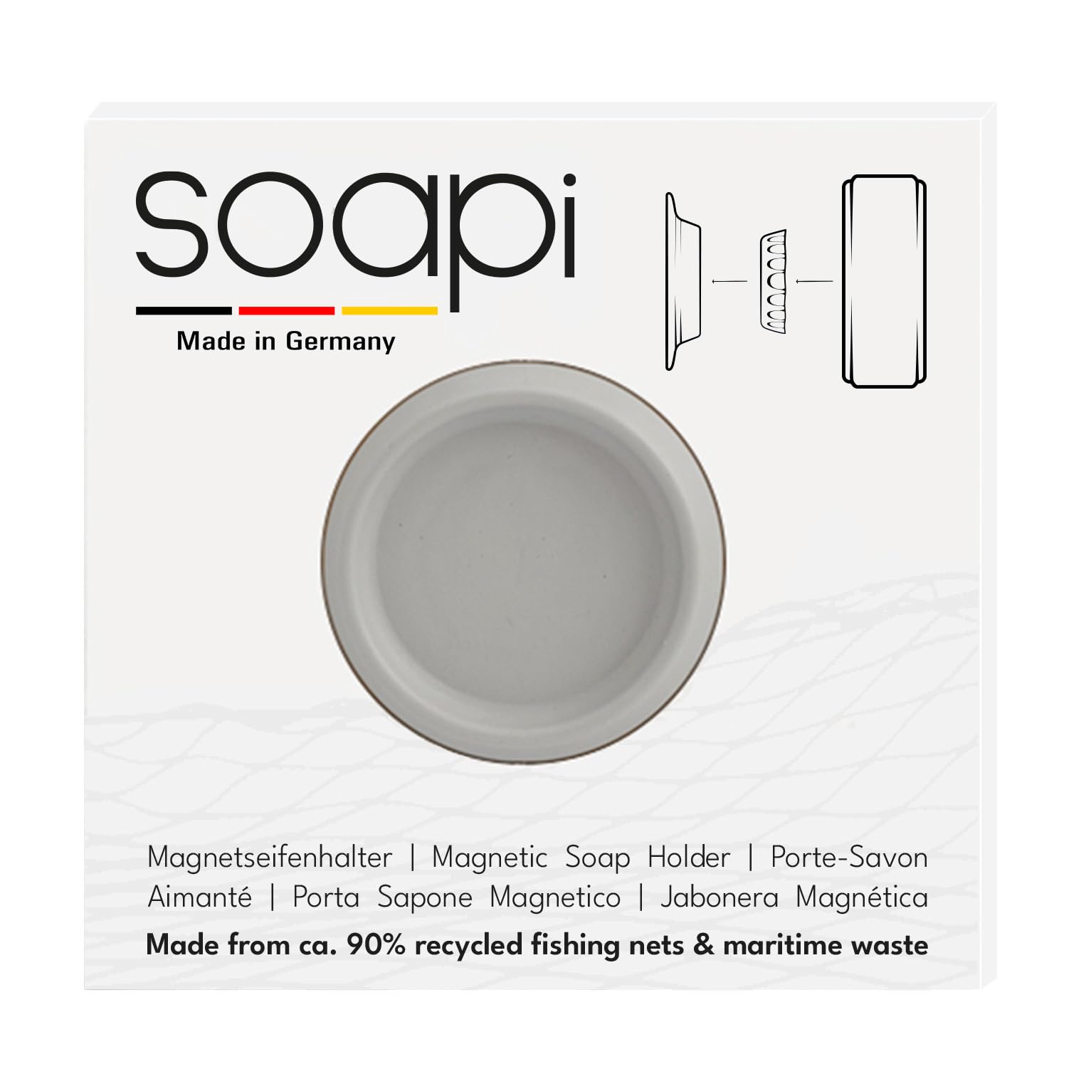 Soapi - Super Strong Magnetic Soap Holder - Wall Mounted Soap Holder - No Drilling Required - Sustainable - Made From Recycled Fishing Nets - Grey