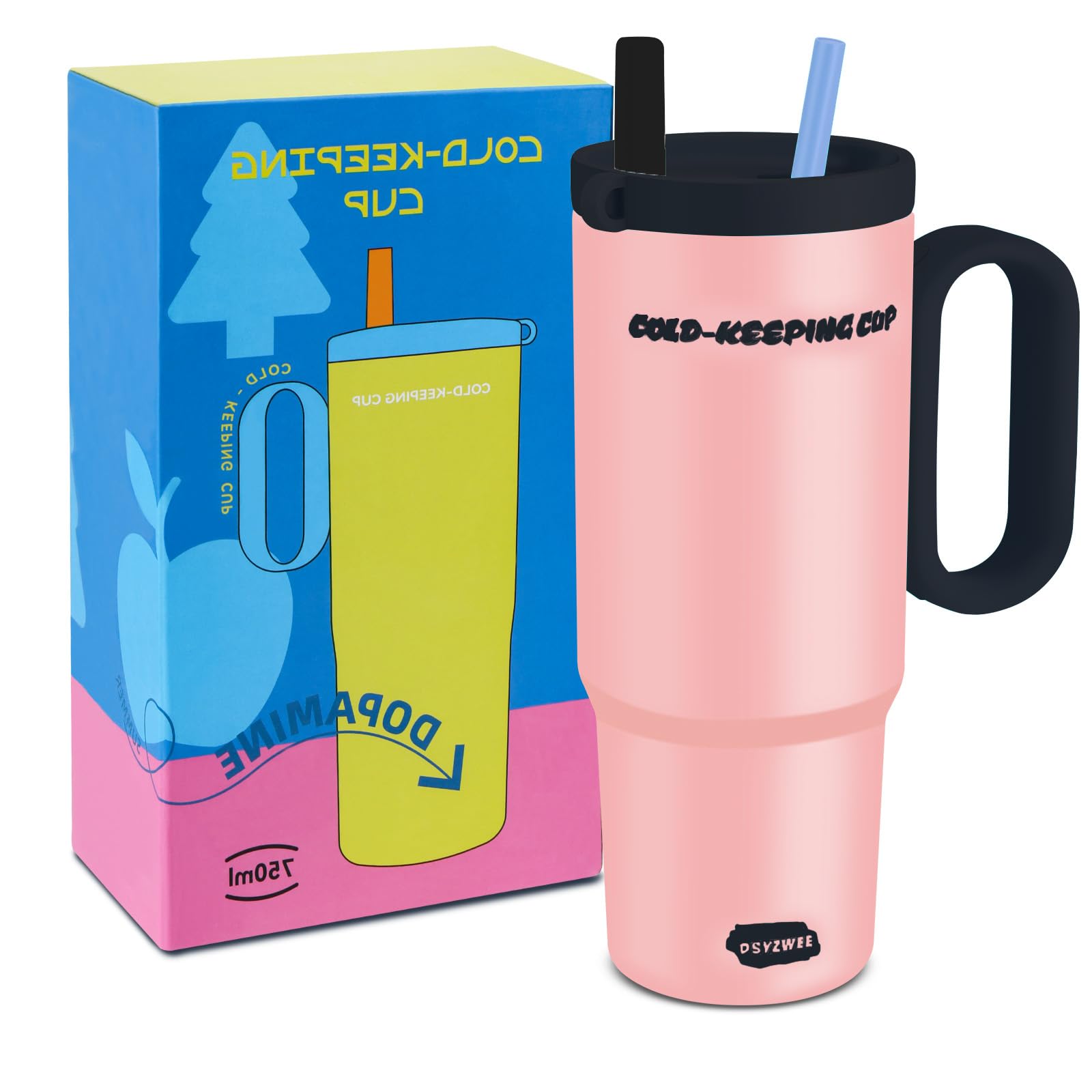 DSYZWEE 750 ml Thermobecher, 26 oz mit Strohhalm und Henkel, Doppelwandiger Edelstahl Vakuum Auslaufsicher Trinkbecher, Autobecher Becher Tumbler Thermobecher Kaffeebecher Rosa Küche, Haushalt & Wohnen