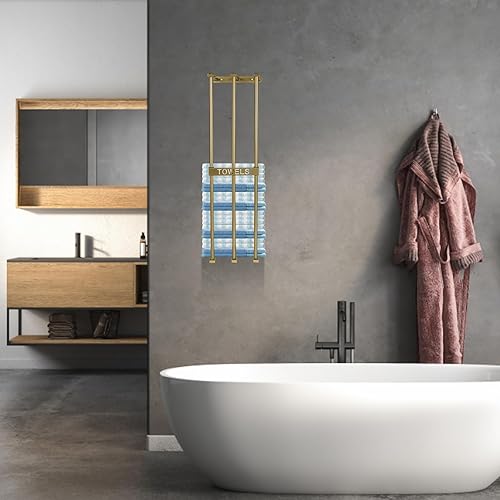 Vista 5 de Toallero montado en la pared, toallero dorado para baño, soporte para toallas de baño, organizador de baño, almacenamiento de toallas de baño, paños