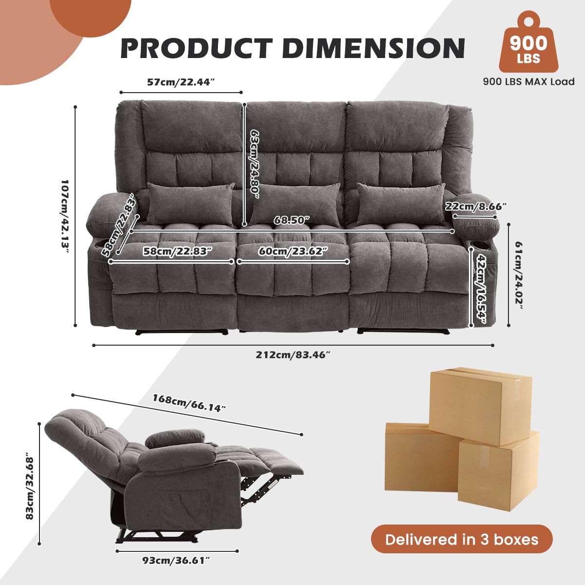 MAHOMICO Recliner Sofa with Cup Holders for Living Room 3 Seat Manual Oversized Recliner Chiar with Ergonomic, Side Pocket for Adult view 2