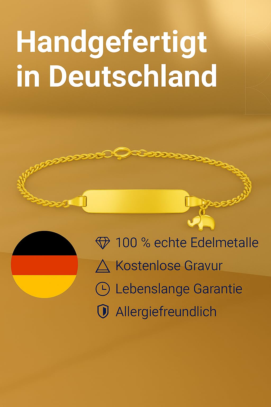 JC Schmuck 585 Gold Baby ID-Armband Kinder Goldarmband 14 cm mit Elefant Anhänger Gelbgold I Figaro Armband mit Gravur Taufarmband Namensarmband I Kinderschmuck made in Germany I 5.530524-98