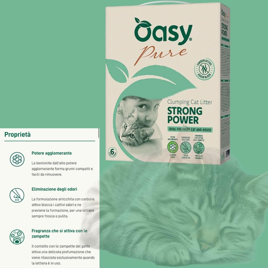 Arena para gatos Oasy Strong Power con carbón activo para gatos de todas las edades y tamaños, perfumada, 1 paquete de 10 litros.