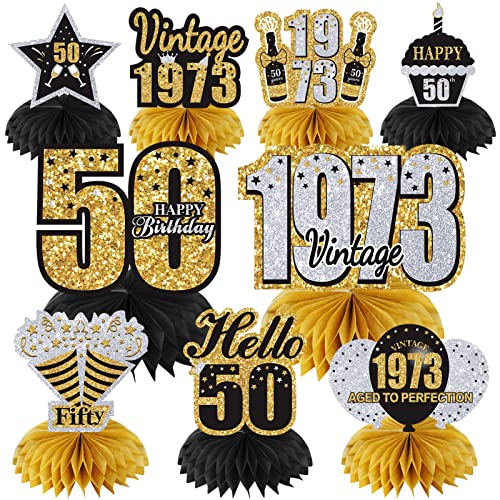 9 Pcs 50Th Birthday Decorations Vintage 1973 Honeycomb Centerpieces For Men Women, Black Gold Silver 50 Birthday Table Toppers Party Supplies, Fifty Years Birthday Table Centerpieces Sign Party Decor #TOP8
