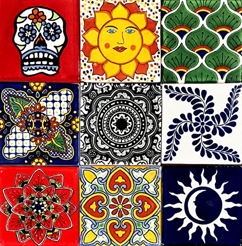 Las Olas Mexican Tile - 10 Hand-Painted Mexican Tiles 4X4 Talavera Tile - Pick Your Design - Ceramic Tile For Floor, Wall, Kitchen Backsplash, Bathroom, Shower, Patio, Garden, Pool (Variety Pack) #TOP1