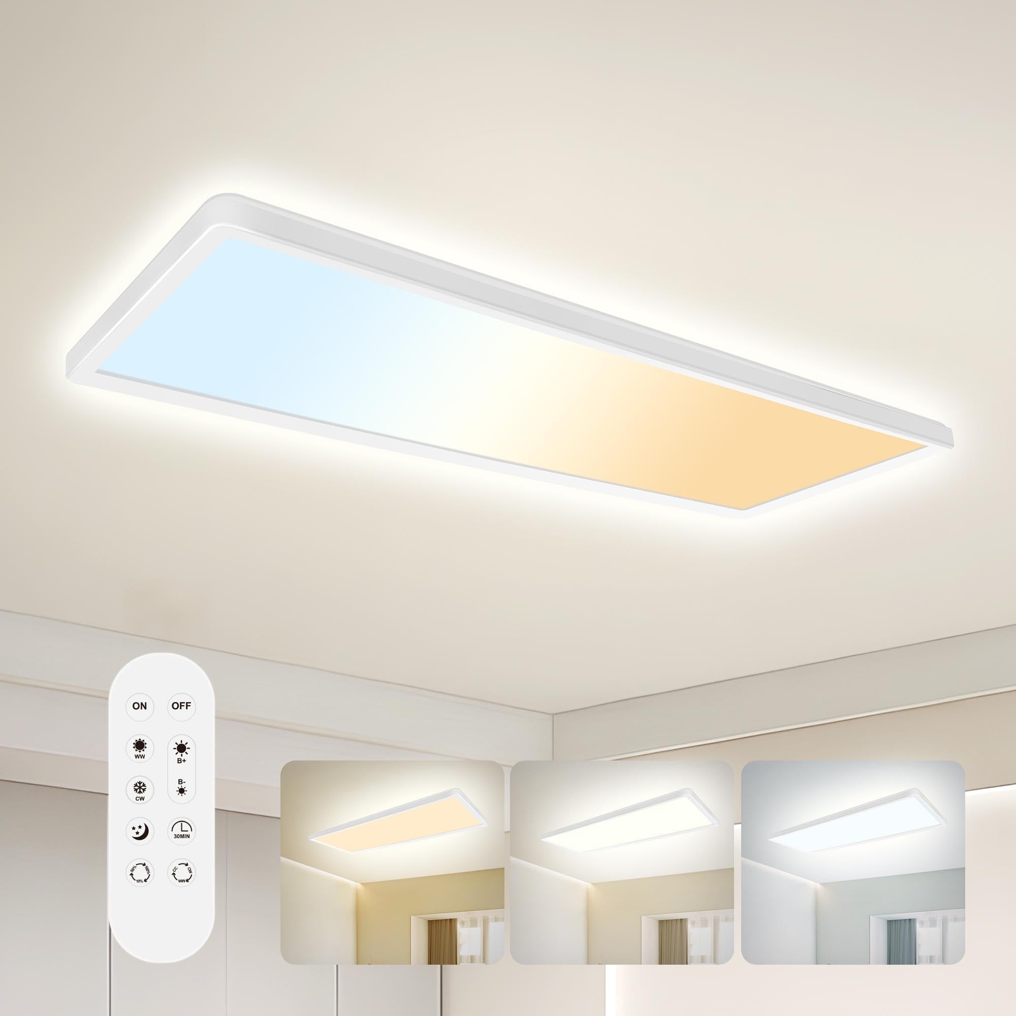 ONDTA LED Deckenleuchte dimmbar 22W, 58x20cm 2700K-6500K 2900LM, Deckenlampe mit Fernbedienung, IP44 Badezimmer lampe LED Panel für Küche Wohnzimmer Schlafzimmer Badezimmer Büro, Rechteckig