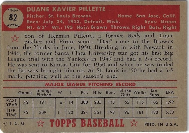 Duane Pillette Vintage Collectible Baseball Card - 1952 Topps Baseball Card #82 (Browns) Card Shown is Card Being Purchased