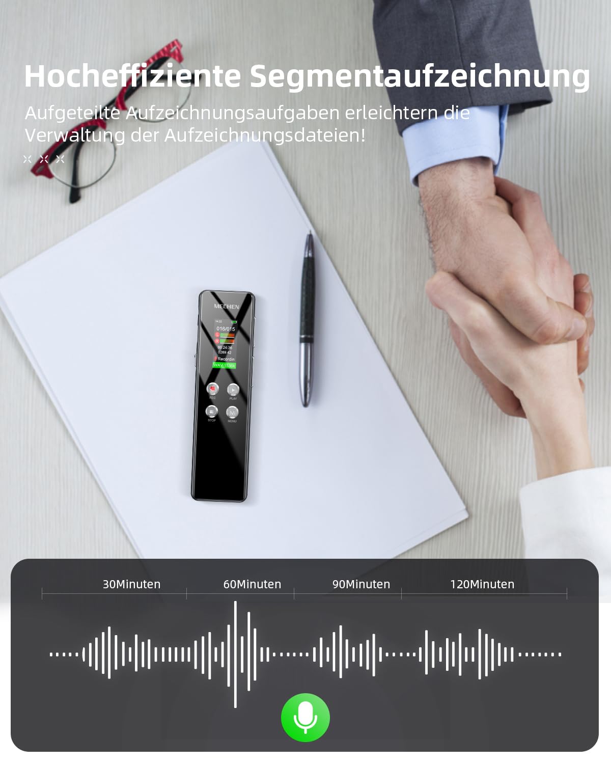 MECHEN 128GB Digitale Diktiergerät, One-Touch-Aufnahme, Sprachsteuerung, 1536kbps Tragbares Voice Recorder, USB C, für Interviews/Klassen/Meeting (128, GB)