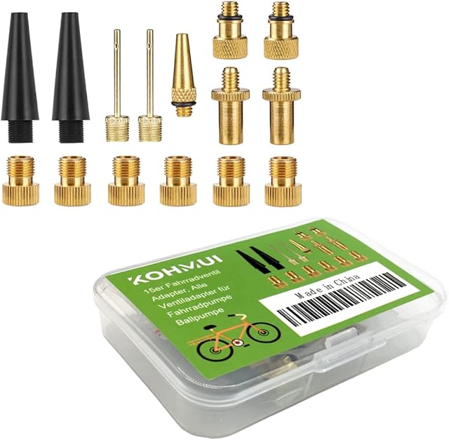 KOHMUI Adapter do wentyli rowerowych, 15 sztuk, jakość premium, wszystkie adaptery wentyli SV AV DV Dunlop, francuski wentyl samochodowy z pierścieniem uszczelniającym do kompresora pompki rowerowej