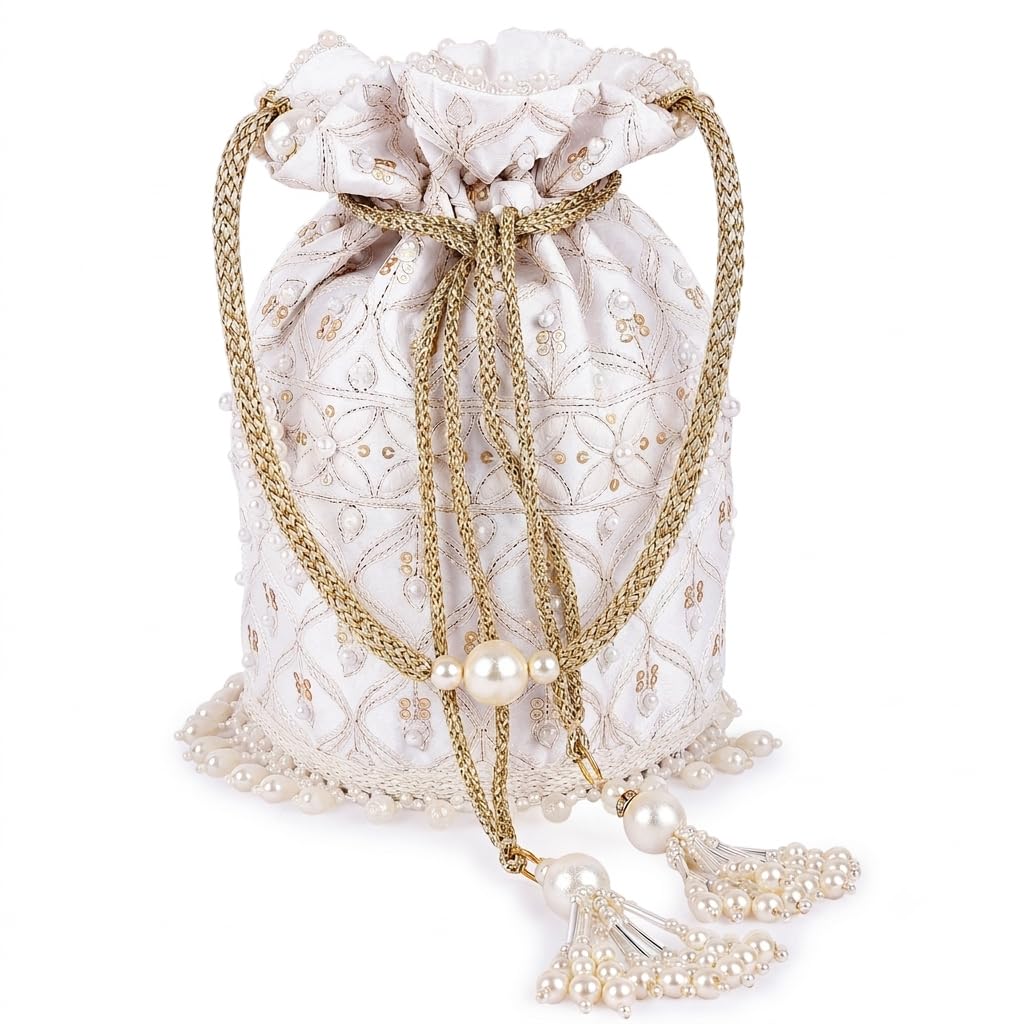 by Q-One Women's Premium Embroidered Potli Bag with Pearl Tassels & Handle | Ethnic Wedding Clutch Purse for Bridal, Party, Festive, Rakhi, Diwali & Wedding Gifts-image-22