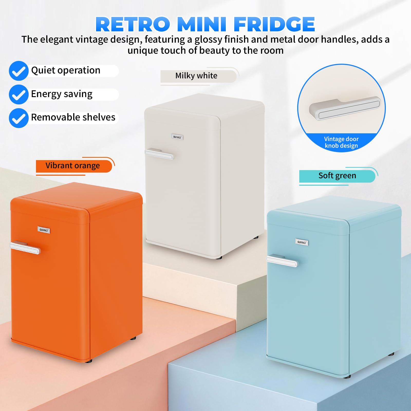 Frigorífico retro de 72 l – Silencioso (43 dB), 7 niveles de refrigeración, iluminación interior LED, para dormitorio, oficina, cocina y bar (blanco)