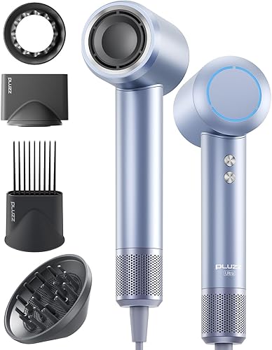 PLUZZ - Secador de pelo con peine y accesorio difusor para cabello rizado, cepillo secador de pelo iónico negativo de 656.2 ft, secador de pelo