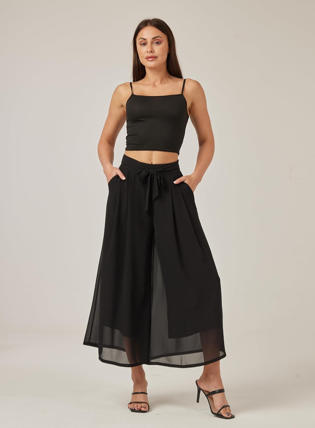 heipeiwa Women's Chiffon Wide Leg Palazzo Pants Summer Capris Crop Culotte Pants with Removable Belt Tie-Knot Beach Outfits - Image 3