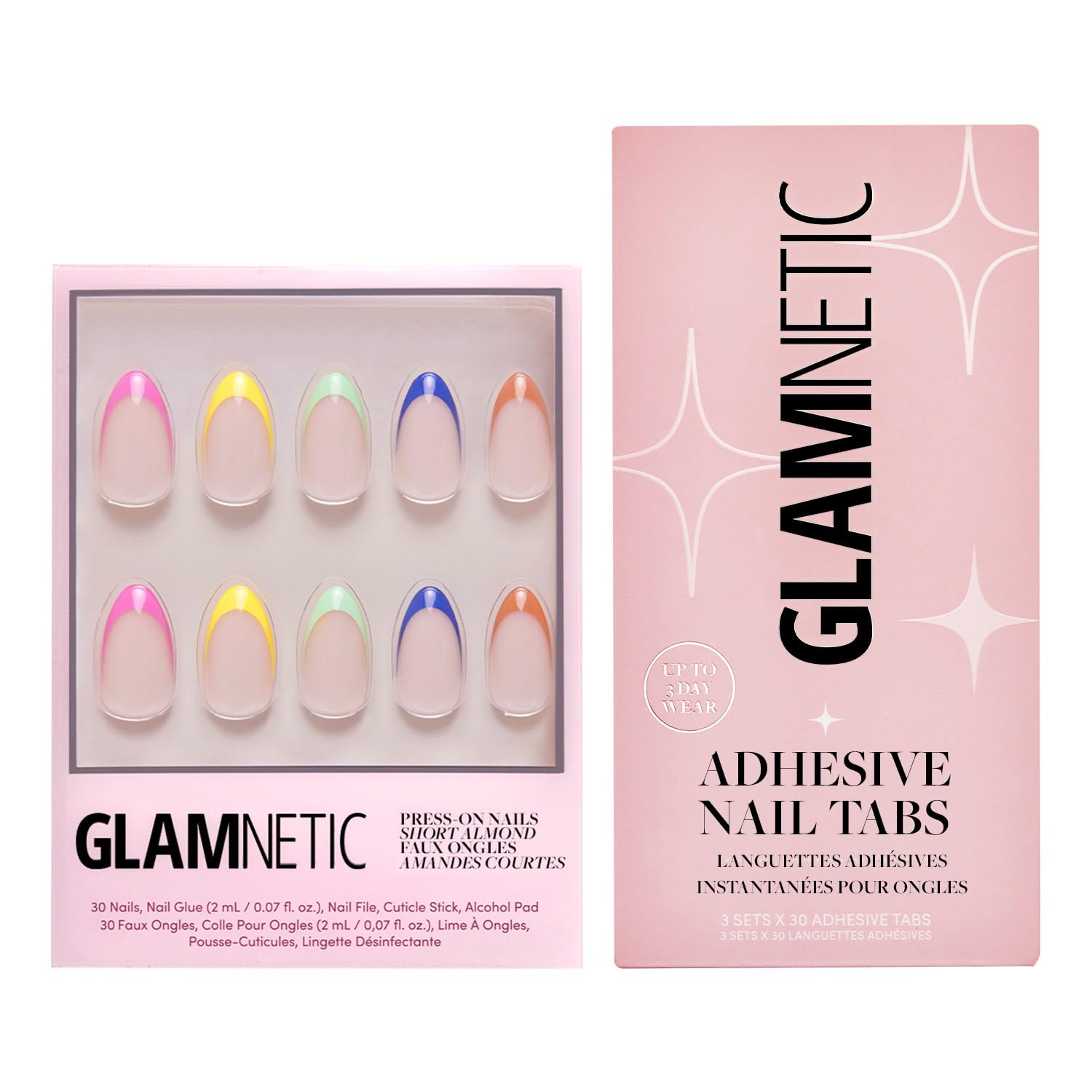 Glamnetic Press-On Nails & Adhesive Nail Tabs - Sprinkles | Glossy Short Almond Rainbow French Tip Nails | 12 Sizes - 24 Nail Kit with Adhesive Tabs
