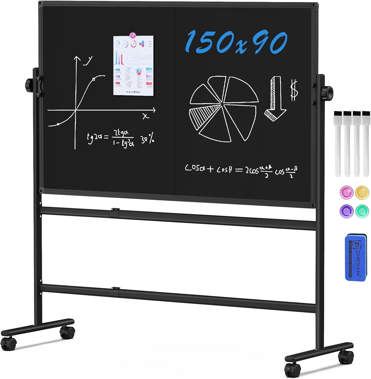 ZHIDIAN Rolling Chalkboard Double-Sided 60 x 36, Large Magnetic Blakc Dry Erase Board with Stand, Movable Blackboard for Office, School, Home 60 x 36 Inches