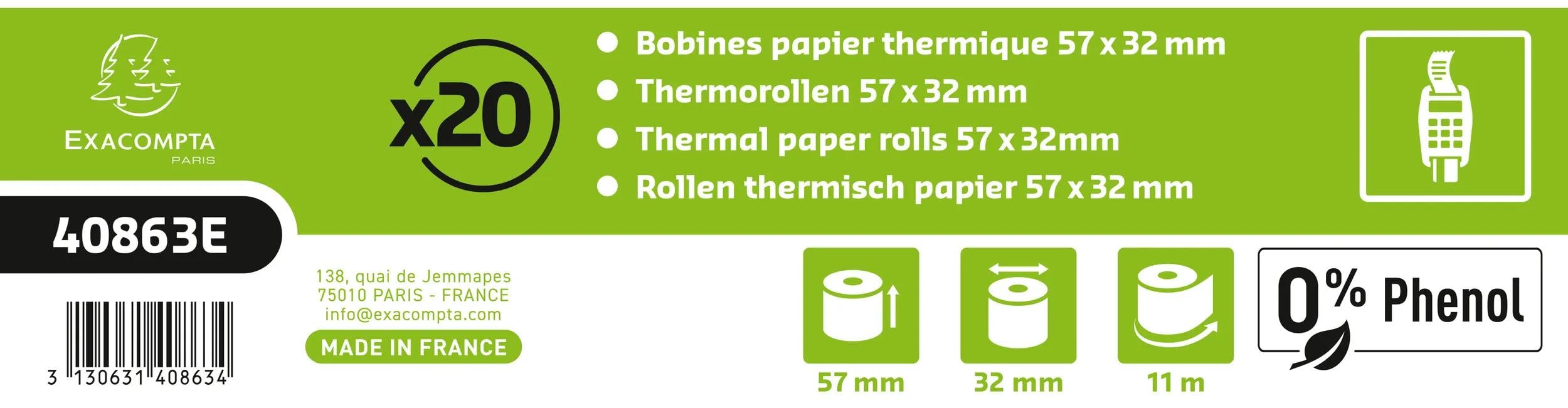 Exacompta 20 Rolls Card 57mmx32mm 55g/m2 Phenol-Free 11m