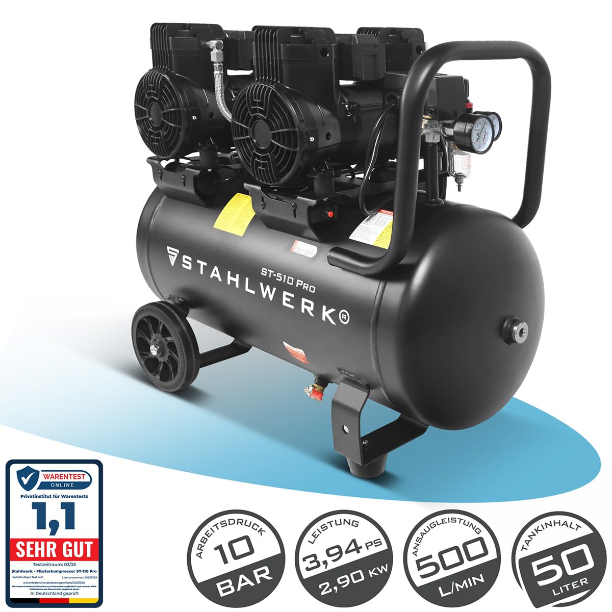 STAHLWERK Kompressor mit 50 L Tank (ST-510 Pro) – ölfrei & leise, 10 bar, 3,94 PS (2,9 kW), 500 l/min, 70 dB, Druckluftkompressor mit Brushless-Motoren, Silent-/Flüsterkompressor, Kolbenkompressor