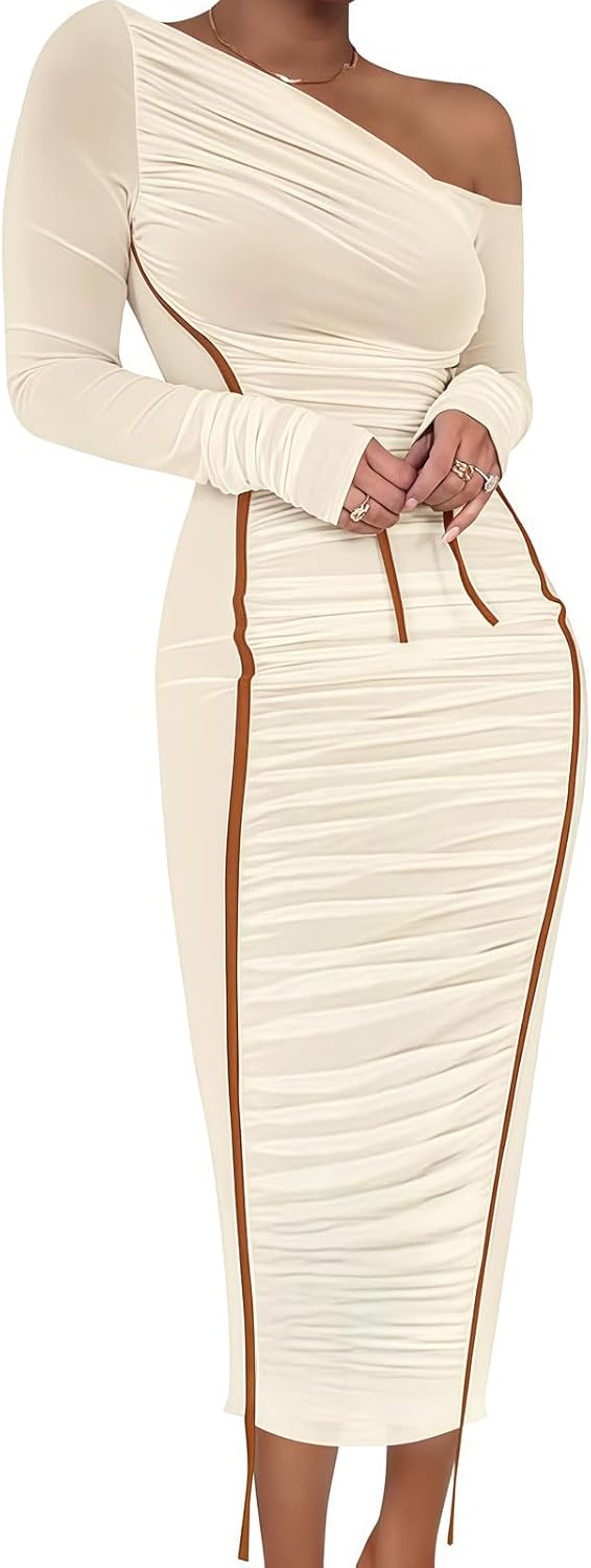 Women's Long Sleeve Mesh Dress - Bodycon Off Shoulder Mesh Ruched Cocktail Club Maxi Dresses