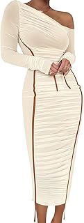 Women's Long Sleeve Mesh Dress - Bodycon Off Shoulder Mesh Ruched Cocktail Club Maxi Dresses