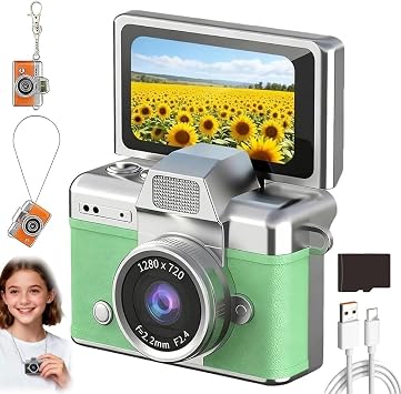 Mini Digital Camera with 1.47 in LCD Screen, 1080P Retro Flip Display, Built-in Flash & Keychain Size, Portable Travel Pocket Camera with 64GB Card for Concerts Study Birthday GiftsGreen,8G