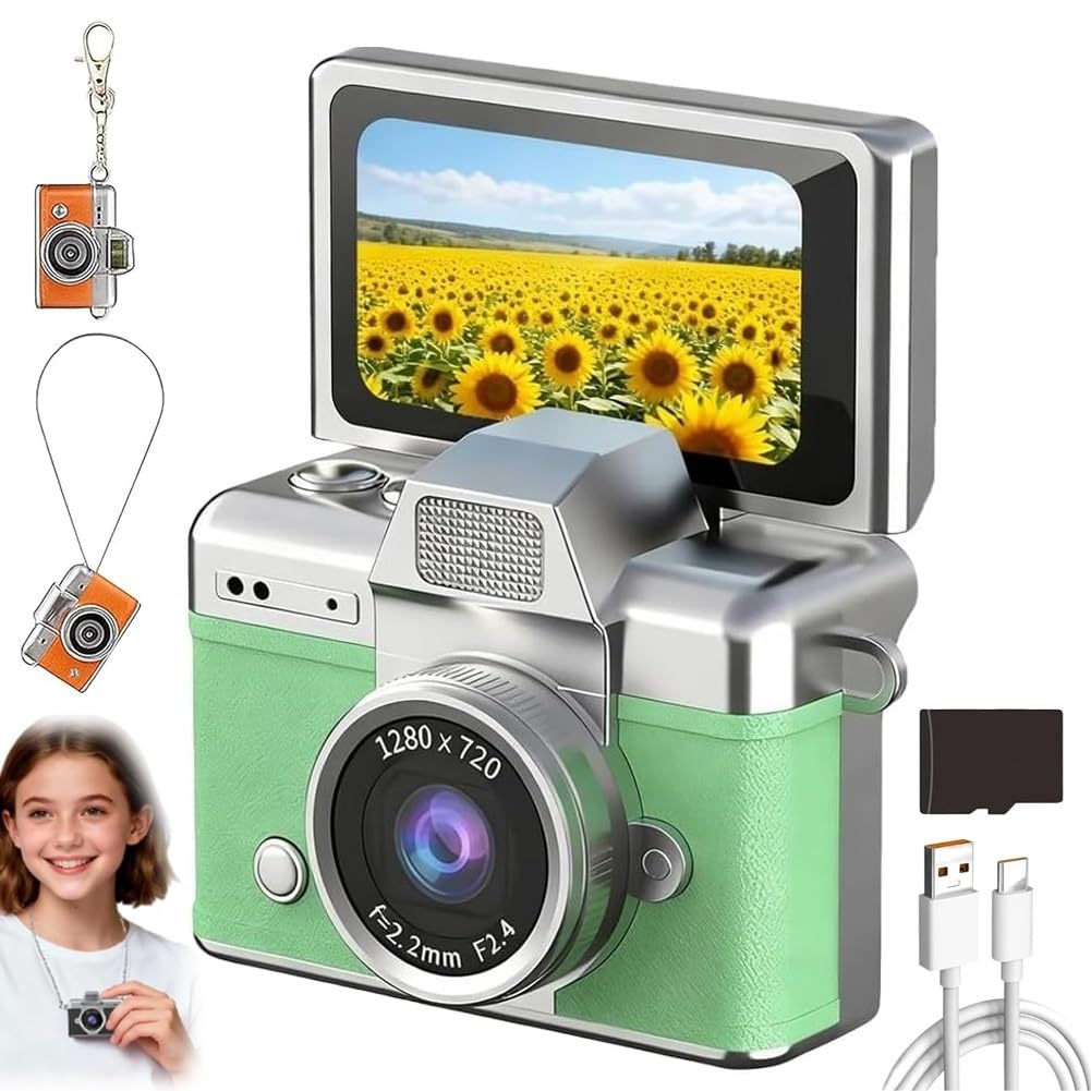 Mini Digital Camera with 1.47 in LCD Screen, 1080P Retro Flip Display, Built-in Flash & Keychain Size, Portable Travel Pocket Camera with 64GB Card for Concerts Study Birthday Gifts(Green,16G)-image-8