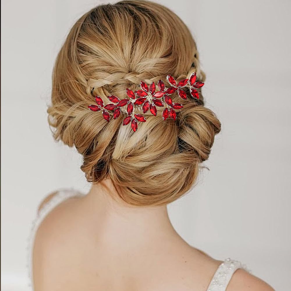 Red Wedding Crystal Hair Comb Elegant Bridal Wedding Hair Piece Teardrop Crystal Rhinestone Hair Accessories for Women Prom Party Photography - Image 4