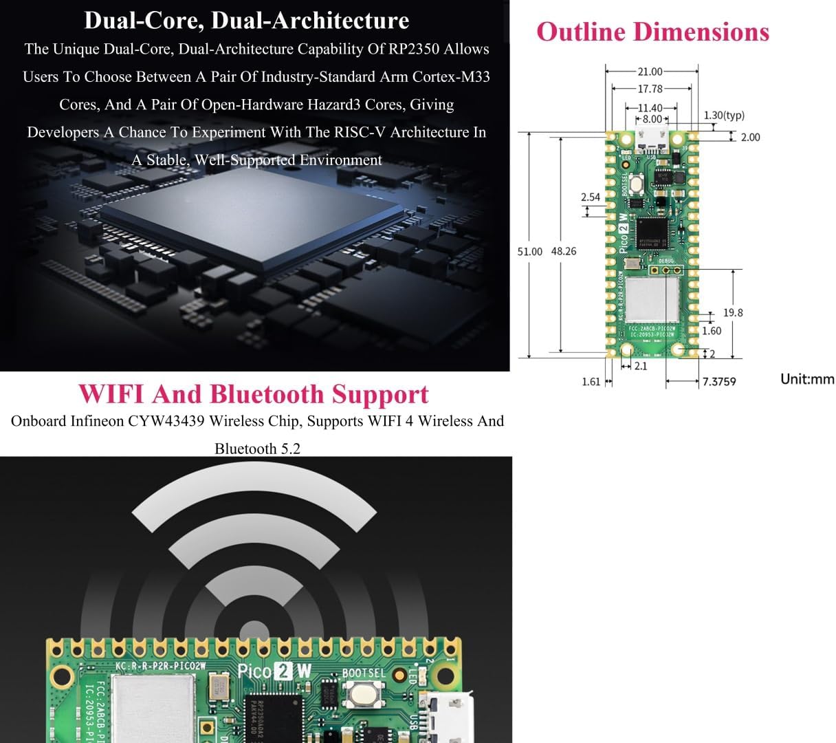 Pico 2 W with Pre-Soldered Header Compatible with Raspberry Pi Pico 2 W Microcontroller Board, 2.4GHz 802.11n Wireless LAN WiFi 4 and Bluetooth 5.2, Based on RP2350 Dual-Core & Dual-Architecture