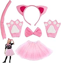 6 Pieces Cat Costume Set Included Cat Ears Headband Bowtie Tail Cat Paw Gloves Pink Tutu Animal Costume for Fancy Dress Up Cat Cosplay Halloween Birthday Carnival