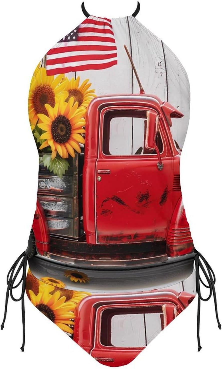 Vintage Truck Sunflowers U.S. Flag Women's Tankini Swimsuit Two Piece Tummy Control Bathing Suits Tie String Swimwear