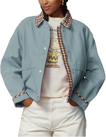 VAOYIU Women Casual Button Front Jacket Loose Plaid Cuffs Collar Trendy Coat with Pockets Spring Autumn Wear