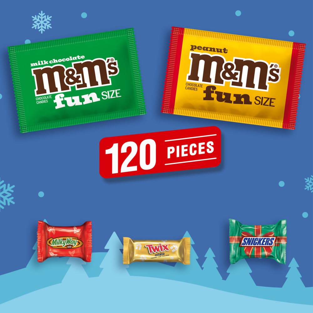 M&M'S Milk Chocolate, M&M'S Peanut, SNICKERS, TWIX, MILKY WAY Christmas Candy Individually Wrapped Stocking Stuffers Variety Pack, Mixed Chocolate Candy Assortment Bag Bulk, 120-Piece