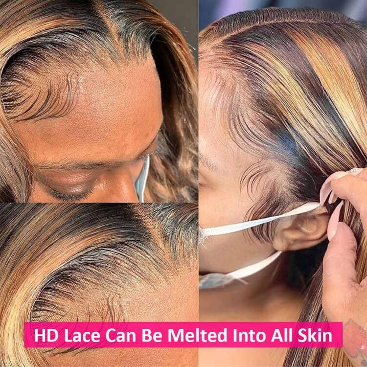 Image of Pizazz Honey Blonde Lace Front Wigs Human Hair Pre Plucked with Natural Hairline 13x4 Glueless Wigs Human Hair 180 Density 4 /27 Highlight Body Wave Lace Frontal Wigs 18 Inch
