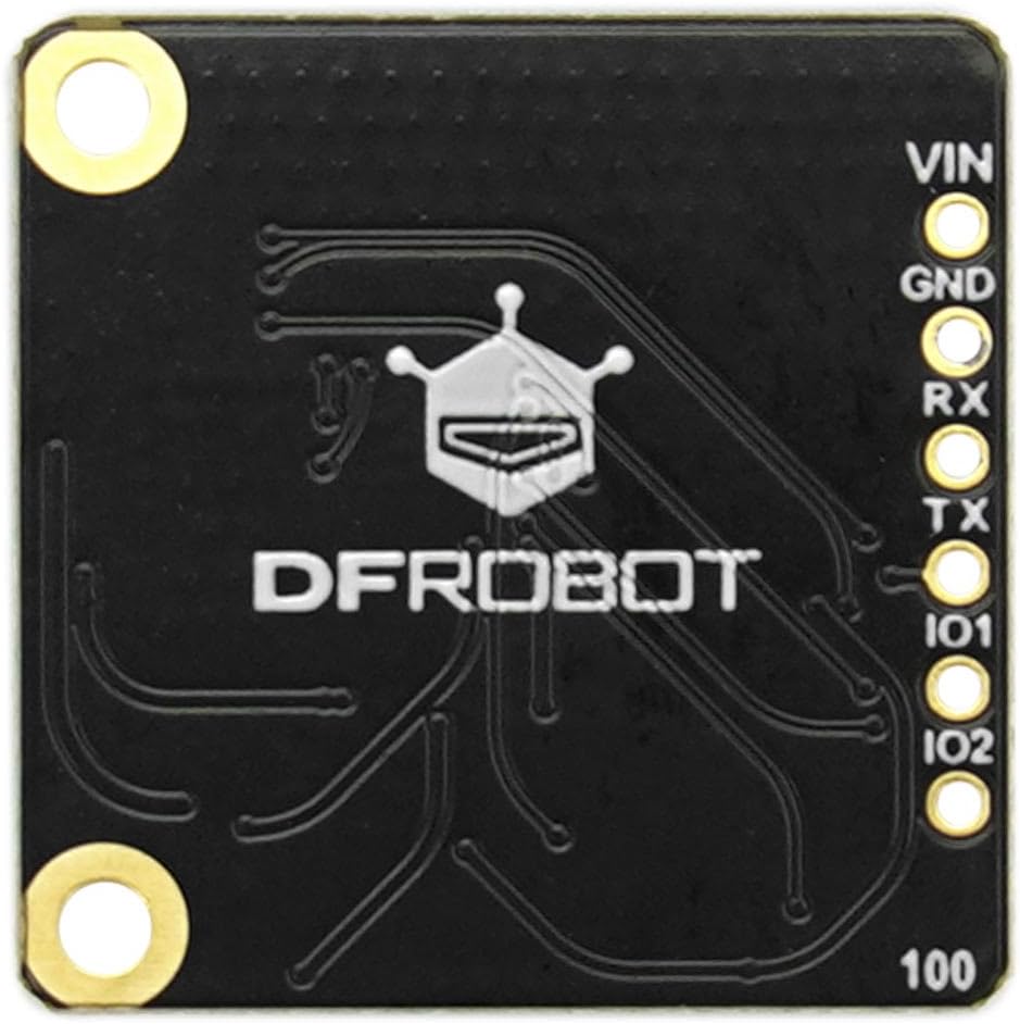 Back of the DFROBOT C1001 sensor showing VIN, GND, RX, TX, IO1, IO2 pins clearly labeled.