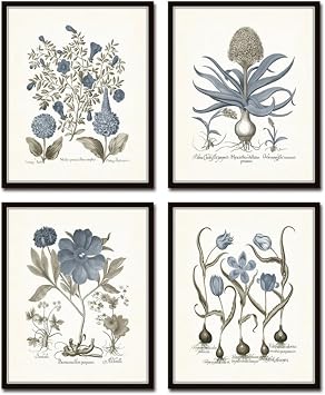 Botanical Wall Art Sepia & Blue Print Set No 9, 5X7 SET OF 4, Unframed